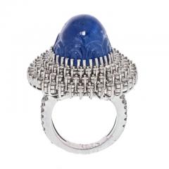 18K WHITE GOLD BLUE CABOCHON CARVED SAPPHIRE AND DIAMOND RING - 3207854