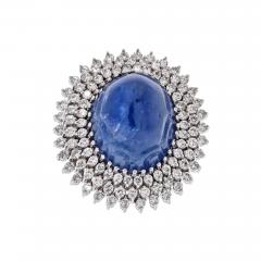 18K WHITE GOLD BLUE CABOCHON CARVED SAPPHIRE AND DIAMOND RING - 3210350