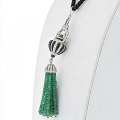 18K WHITE GOLD ESTATE DIAMOND ONYX AND EMERALD BEAD TASSEL PENDANT NECKLACE - 2996991