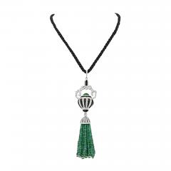 18K WHITE GOLD ESTATE DIAMOND ONYX AND EMERALD BEAD TASSEL PENDANT NECKLACE - 3000368