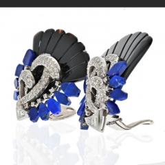 18K WHITE GOLD ONYX LAPIS AND DIAMOND FAN CLIP ON EARRINGS - 2914116