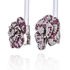 18K WHITE GOLD PAVE DIAMOND AND RUBY FLOWER EARRINGS - 2444534