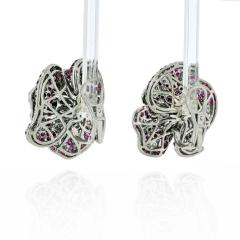 18K WHITE GOLD PAVE DIAMOND AND RUBY FLOWER EARRINGS - 2444535