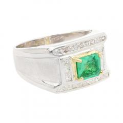 18K White Gold 1 Carat Natural Emerald Mens Ring With Princess Cut Diamonds - 3552574