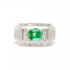 18K White Gold 1 Carat Natural Emerald Mens Ring With Princess Cut Diamonds - 3610480