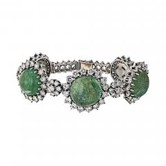 18K White Gold 1960s Cabochon Emerald And Diamond Bracelet - 3959179