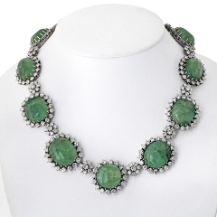 18K White Gold 1960s Cabochon Emerald And Diamond Necklace - 3843544