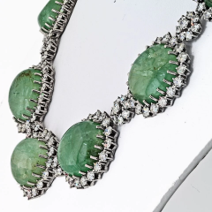 18K White Gold 1960s Cabochon Emerald And Diamond Necklace - 3843550