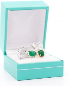 18K White Gold 2 Carat Cabochon Emerald and Diamond Butterfly Drops Earrings - 3512796