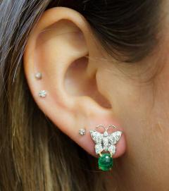 18K White Gold 2 Carat Cabochon Emerald and Diamond Butterfly Drops Earrings - 3512852