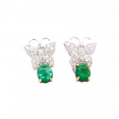 18K White Gold 2 Carat Cabochon Emerald and Diamond Butterfly Drops Earrings - 3574962