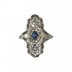 18K White Gold Art Deco Sapphire Diamond Ring - 4384881