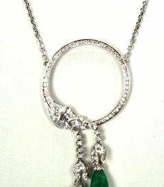 18K White Gold Circle Pin Encrusted w Diamonds Emerald Drops - 3511144