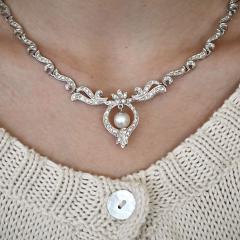 18K White Gold Diamond Cultured Pearl Necklace - 4715100