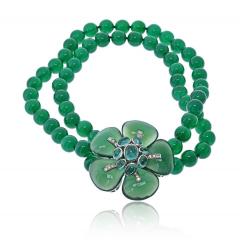 18K White Gold Green Onyx Bead Flower Diamond Necklace - 4600894
