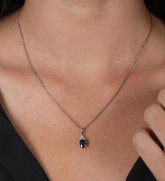 18K White Gold Oval Cut Blue Sapphire Diamond Drop Pendant Necklace - 3558777