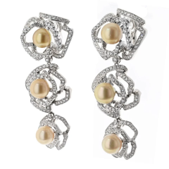 18K White Gold Triple Pearl Floral Motif Diamond Drop Earrings - 3820559