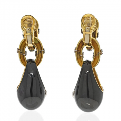 18K YELLOW GOLD BLACK ENAMEL DIAMOND DROP DANGLING EARRINGS - 2777369