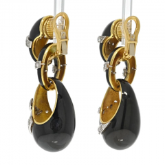 18K YELLOW GOLD BLACK ENAMEL DIAMOND DROP DANGLING EARRINGS - 2777379