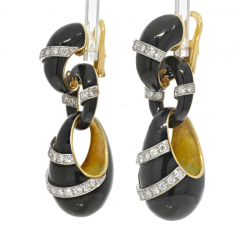 18K YELLOW GOLD BLACK ENAMEL DIAMOND DROP DANGLING EARRINGS - 2777390