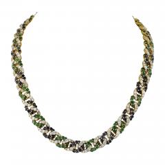 18K YELLOW GOLD CUBAN LINK DIAMOND SAPPHIRE AND GREEN EMERALD NECKLACE - 2249895