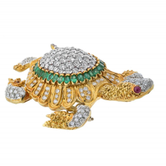 18K YELLOW GOLD DIAMOND AND GEMSTONE TURTLE BROOCH - 3707915