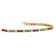 18K YELLOW GOLD DIAMOND EMERALD RUBY BEZEL SET TENNIS BRACELET - 3321599