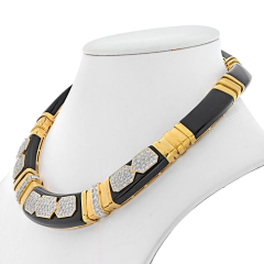 18K YELLOW GOLD DIAMOND ONYX GOLD LINK COLLAR NECKLACE - 2858229