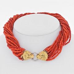 18K YELLOW GOLD MULTI STRAND TORSADE CORAL NECKLACE - 2444389