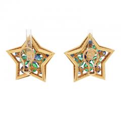 18K YELLOW GOLD MULTICOLOR SAPPHIRE GREEN EMERALD AND DIAMOND STAR EARRINGS - 3002643