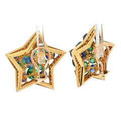 18K YELLOW GOLD MULTICOLOR SAPPHIRE GREEN EMERALD AND DIAMOND STAR EARRINGS - 3002644