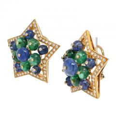 18K YELLOW GOLD MULTICOLOR SAPPHIRE GREEN EMERALD AND DIAMOND STAR EARRINGS - 3002648