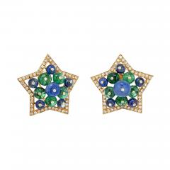 18K YELLOW GOLD MULTICOLOR SAPPHIRE GREEN EMERALD AND DIAMOND STAR EARRINGS - 3005232