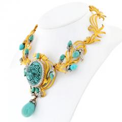 18K YELLOW GOLD PERSIAN TURQUOISE ANTIQUE DIAMOND NECKLACE - 3049544