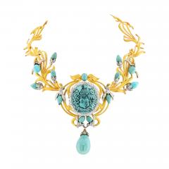 18K YELLOW GOLD PERSIAN TURQUOISE ANTIQUE DIAMOND NECKLACE - 3052486