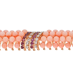 18K YELLOW GOLD PINK CORAL BEADS DIAMONDS AND RUBY MULTI ROW BRACELET - 2707853