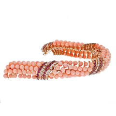 18K YELLOW GOLD PINK CORAL BEADS DIAMONDS AND RUBY MULTI ROW BRACELET - 2707854