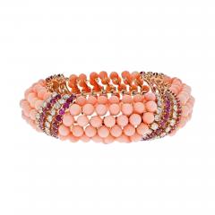 18K YELLOW GOLD PINK CORAL BEADS DIAMONDS AND RUBY MULTI ROW BRACELET - 2709282