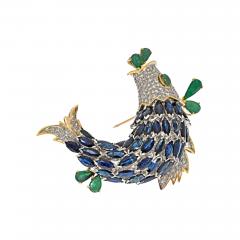 18K YELLOW GOLD SAPPHIRE DIAMOND AND EMERALD FISH BROOCH - 3103212