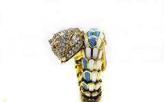 18K YELLOW GOLD TURQUOISE AND WHITE ENAMEL DIAMOND SERPENT SNAKE RING - 2188636