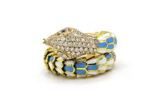 18K YELLOW GOLD TURQUOISE AND WHITE ENAMEL DIAMOND SERPENT SNAKE RING - 2188637