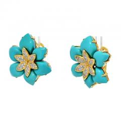 18K YELLOW GOLD TURQUOISE DIAMOND FLOWER EARRINGS - 3135828