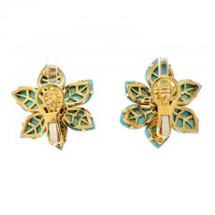 18K YELLOW GOLD TURQUOISE DIAMOND FLOWER EARRINGS - 3135829