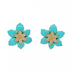 18K YELLOW GOLD TURQUOISE DIAMOND FLOWER EARRINGS - 3137419