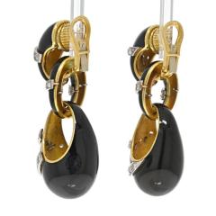 18K Yellow Gold Black Enamel Diamond Drop 6cm Earrings - 4511043