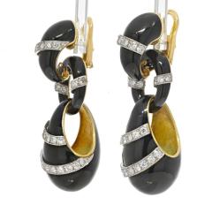 18K Yellow Gold Black Enamel Diamond Drop 6cm Earrings - 4511044
