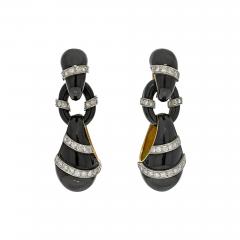 18K Yellow Gold Black Enamel Diamond Drop 6cm Earrings - 4512197