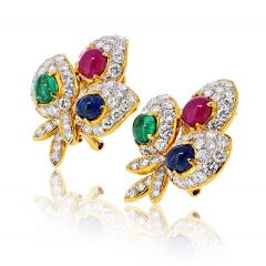 18K Yellow Gold Estate Diamond And Ruby Sapphire Emerald Earrings - 4400082