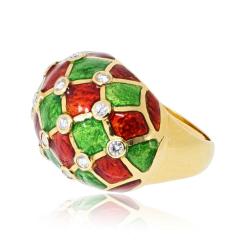 18K Yellow Gold Red And Green Enamel Custom Made Ring - 4601002
