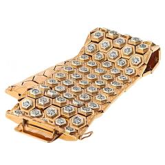 18K Yellow Gold Retro Wide Honeycomb Motif Diamond Bracelet - 3958018